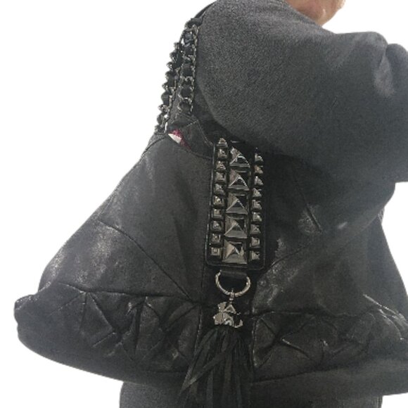 Betsey Johnson Whips & Studs 100% Lambskin Hobo Matte black Shoulder Bag Punk - Picture 12 of 12